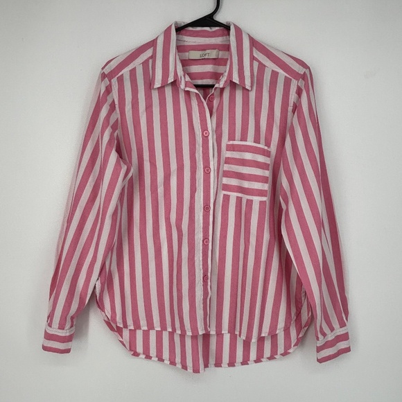Loft Womens Small Button Up Shirt Pink White Cabana Stripe High Low Long Sleeves - Picture 1 of 7